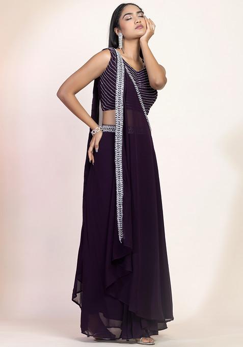 Dark Purple Lehenga Set With Sequin Hand Embroidered Blouse And Cape