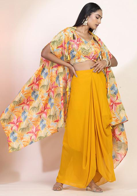 Yellow Floral Print Jacket Set With Embellished Blouse And Skirt