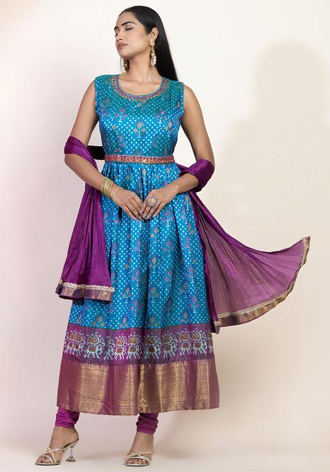 Blue Floral Print Sequin Embroidered Anarkali Kurta And Pants Set With Dupatta And Belt