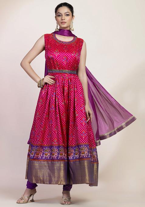 Hot Pink Floral Print Embroidered Anarkali Kurta And Contrast Pants Set With Dupatta And Belt