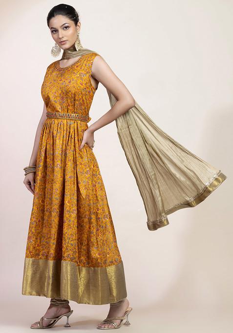 Mustard Floral Print Embroidered Anarkali Kurta And Contrast Pants Set With Dupatta And Belt