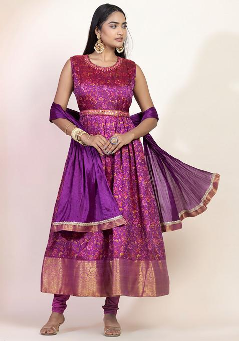 Purple Floral Print Mirror Embroidered Anarkali Kurta And Pants Set With Dupatta And Belt