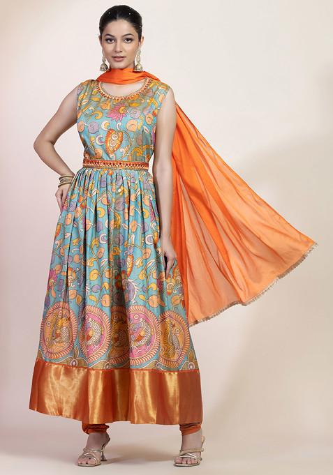 Powder Blue Floral Print Embroidered Anarkali Kurta And Contrast Pants Set With Dupatta And Belt