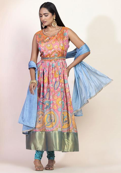 Pink Floral Print Embroidered Anarkali Kurta And Contrast Pants Set With Dupatta And Belt