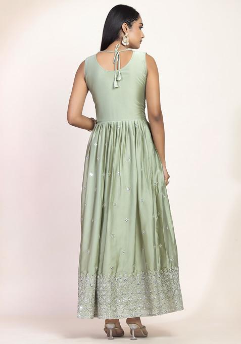 Women's Floral Asymmetric Anarkali Green Kurta Set with Dupatta