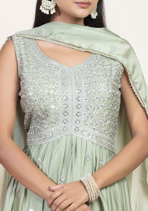 Green - Lace Work Fine Tissue Zari Plain Anarkali Kurta Set 04