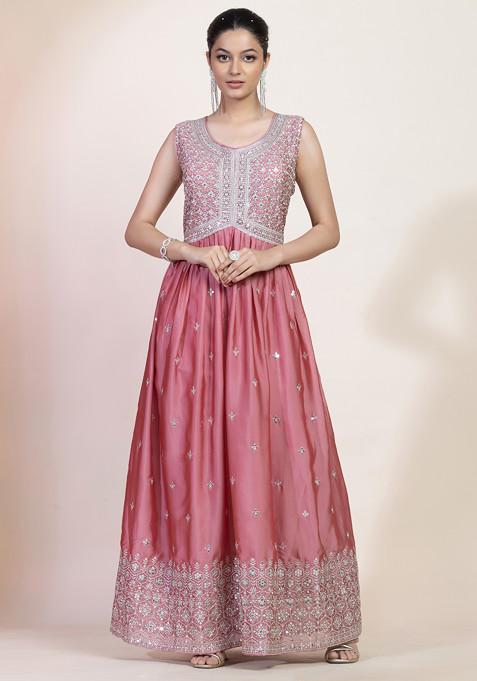 Peach Modal Jacquard Booti Anarkali Kurta Set For Women & Anarkali Kurta Set for Girl
