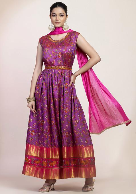 Purple Floral Print Embroidered Anarkali Kurta And Pants Set With Dupatta And Belt