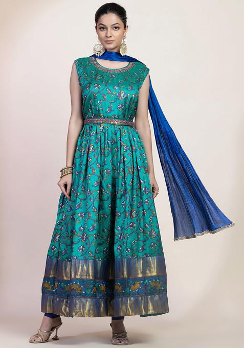 Green Floral Abstract Print Embroidered Anarkali Kurta And Pants Set With Dupatta And Belt
