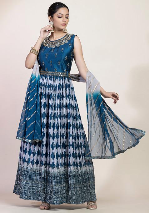 Teal Blue Geometric Print Embellished Anarkali Kurta And Pants Set With Dupatta And Belt