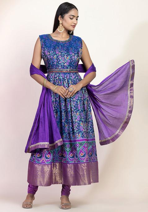 Blue Floral Abstract Print Embroidered Anarkali Kurta And Pants Set With Dupatta And Belt