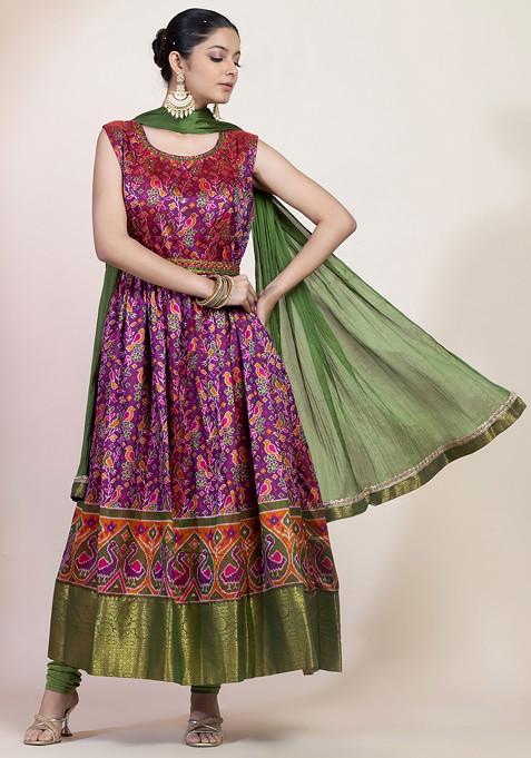 Purple Floral Abstract Print Embroidered Anarkali Kurta And Pants Set With Dupatta And Belt