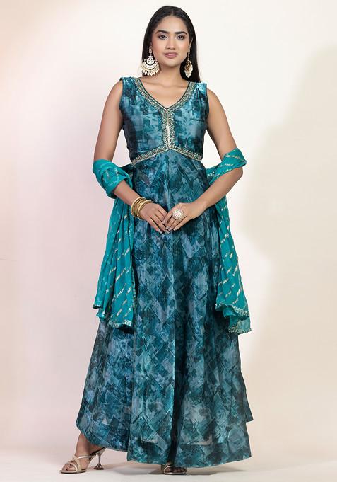 Turquoise Green Abstract Print Shimmer Organza Anarkali With Dupatta