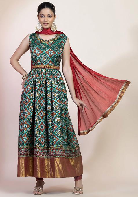 Green Abstract Print Sequin Embroidered Anarkali Kurta And Pants Set With Dupatta And Belt