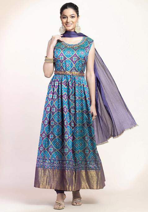 Blue Abstract Print Sequin Embroidered Anarkali Kurta And Pants Set With Dupatta And Belt