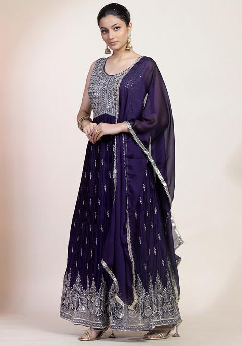 Women Navy Blue and Bluish Purple Ethnic Embroidered Anarkali Kurta with Latkan - Complete Set
