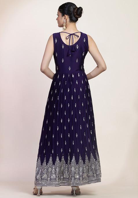 Women's Purple Chinon Embroidered Anarkali Kurta With Dupatta