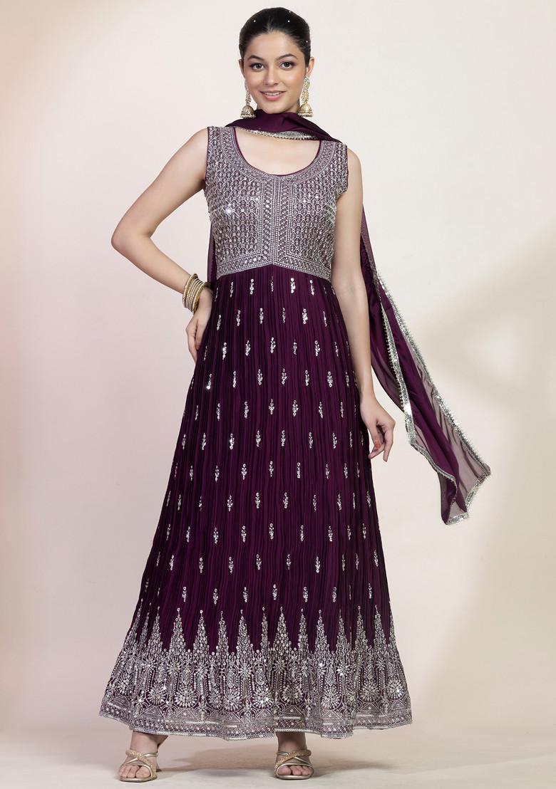 Maroon Color Embroidered With Lace Work And Flared Anarkali Kurta With Trousers & Dupatta