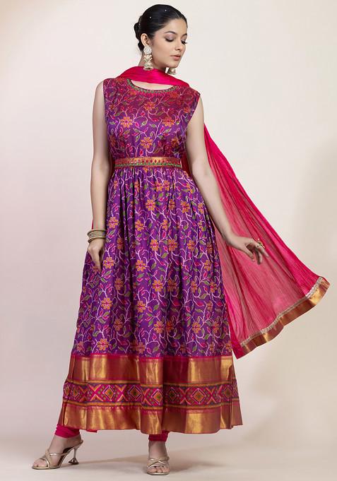 Purple Floral Print Sequin Embroidered Anarkali Kurta And Pants Set With Dupatta And Belt