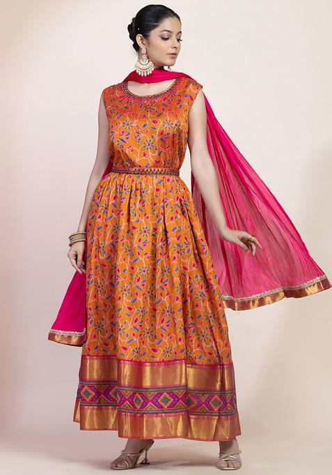 Orange Floral Print Sequin Embroidered Anarkali Kurta And Pants Set With Dupatta And Belt