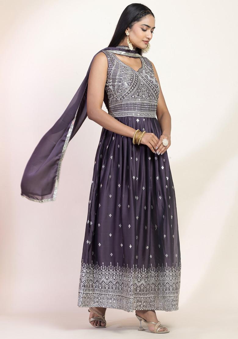 Women's Anarkali Grey Solid Kurta Sets with Dupatta