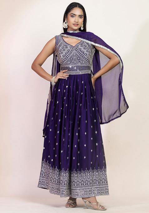 Purple Zari Sequin Embroidered Anarkali Kurta Set With Pants And Dupatta