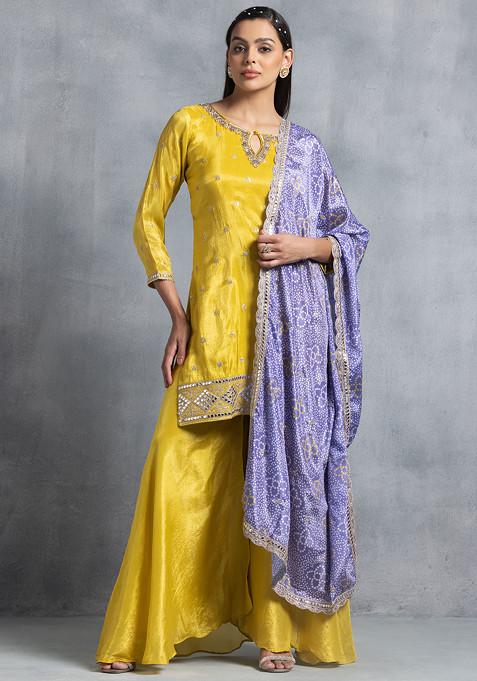 Yellow Sharara Set With Sequin Hand Embellished Kurta And Purple Printed Dupatta