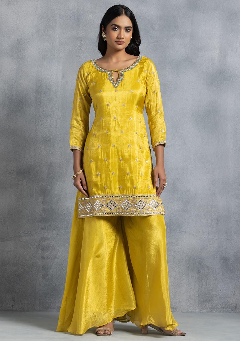 Buy Women Yellow Sharara Set With Sequin Hand Embellished Kurta And ...