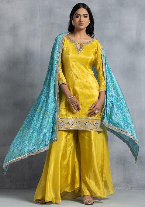 Yellow Sharara Set With Sequin Hand Embellished Kurta And Green Printed Dupatta