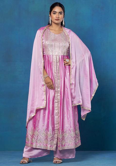 Pastel Pink Zari Sequin Embellished Front Slit Kurta Set With Palazzo And Dupatta