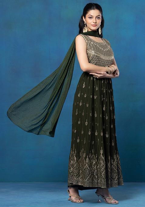 Women's Green Chinon Embroidered Anarkali Kurta With Dupatta