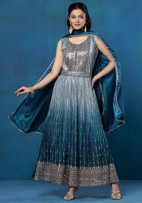 Blue Sequin Embellished Anarkali Kurta With Dupatta And Embellished Belt