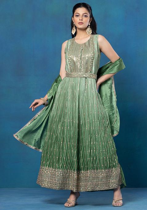Light Green Sequin Embellished Anarkali Kurta With Dupatta And Embellished Belt