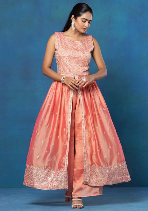 Sequin Embroidered Slit Front Kurti with Palazzo For Women
