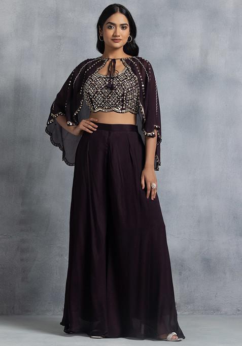 Maroon Sharara Set With Mirror Bead Embellished Blouse And Short Cape