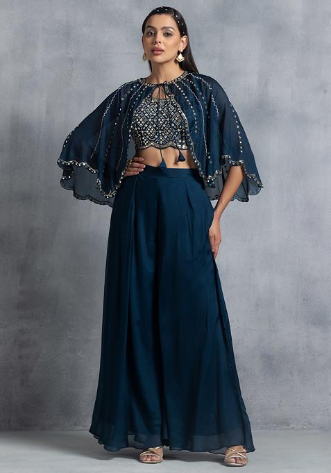 Teal Blue Sharara Set With Mirror Bead Embellished Blouse And Short Cape