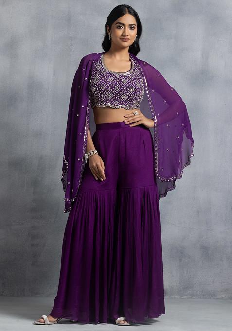 Purple Sharara Set With Bead Mirror Embellished Blouse And Embellished Jacket