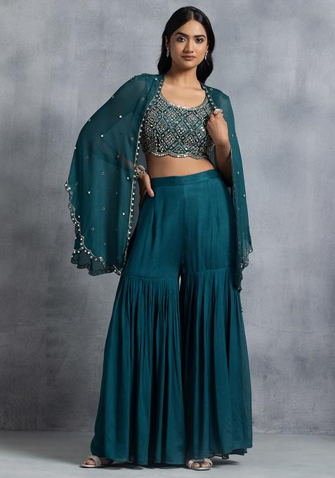 Deep Green Sharara Set With Bead Mirror Embellished Blouse And Embellished Jacket