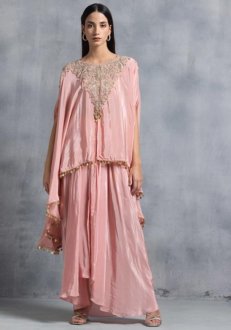 Light Pink Zari Bead Embroidered Kaftan Kurta Set With Draped Skirt