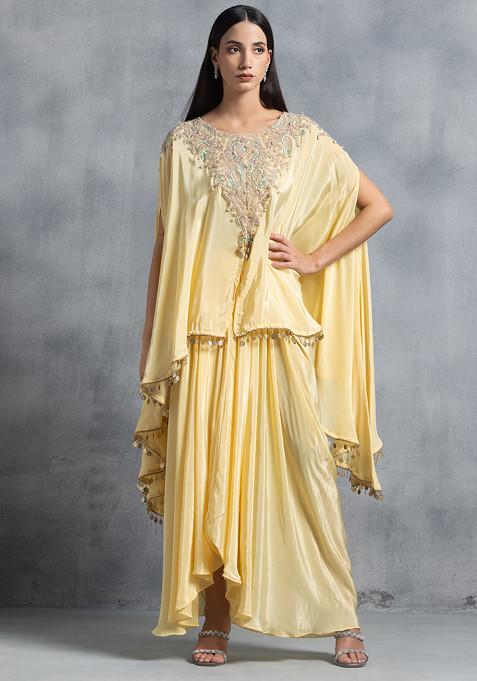Light Yellow Zari Bead Embroidered Kaftan Kurta Set With Draped Skirt