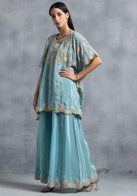 Embroidred Blouse & Kaftan With Solid Sharara