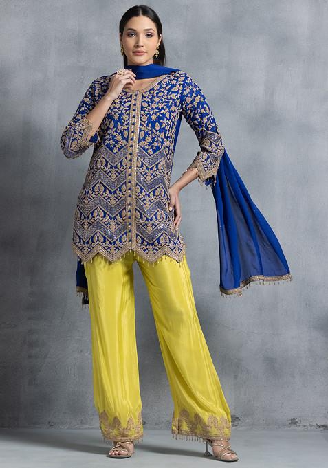 Royal Blue Floral Zari Embroidered Kurta Set With Neon Yellow Sharara And Dupatta