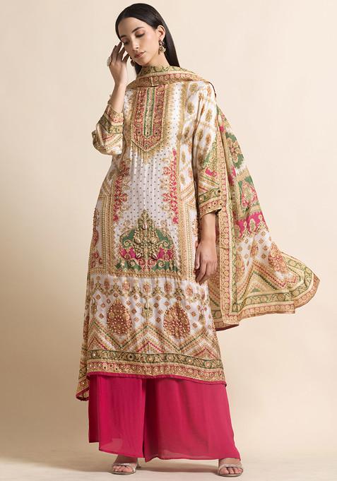 Many Frocks & lace embellished neckline  pleated floral printed kurta & dhoti set - Multicolour & Pink