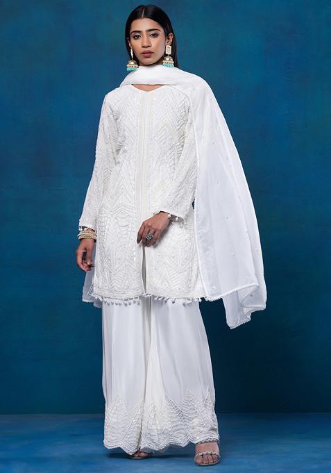 White Sequin Bead Hand Embellished Kurta Set With Pants And Dupatta