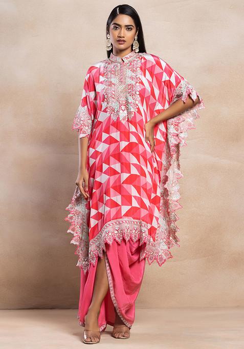 Pink Floral Zari Embroidered Kaftan Kurta Set With Dhoti Pants