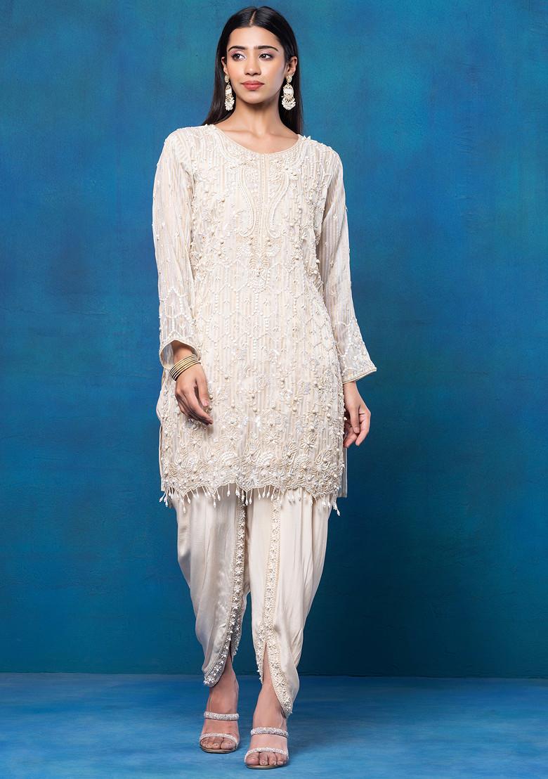 Beige Sequin Hand Embellished Kurta Set With Tulip Pants And Dupatta - Indya