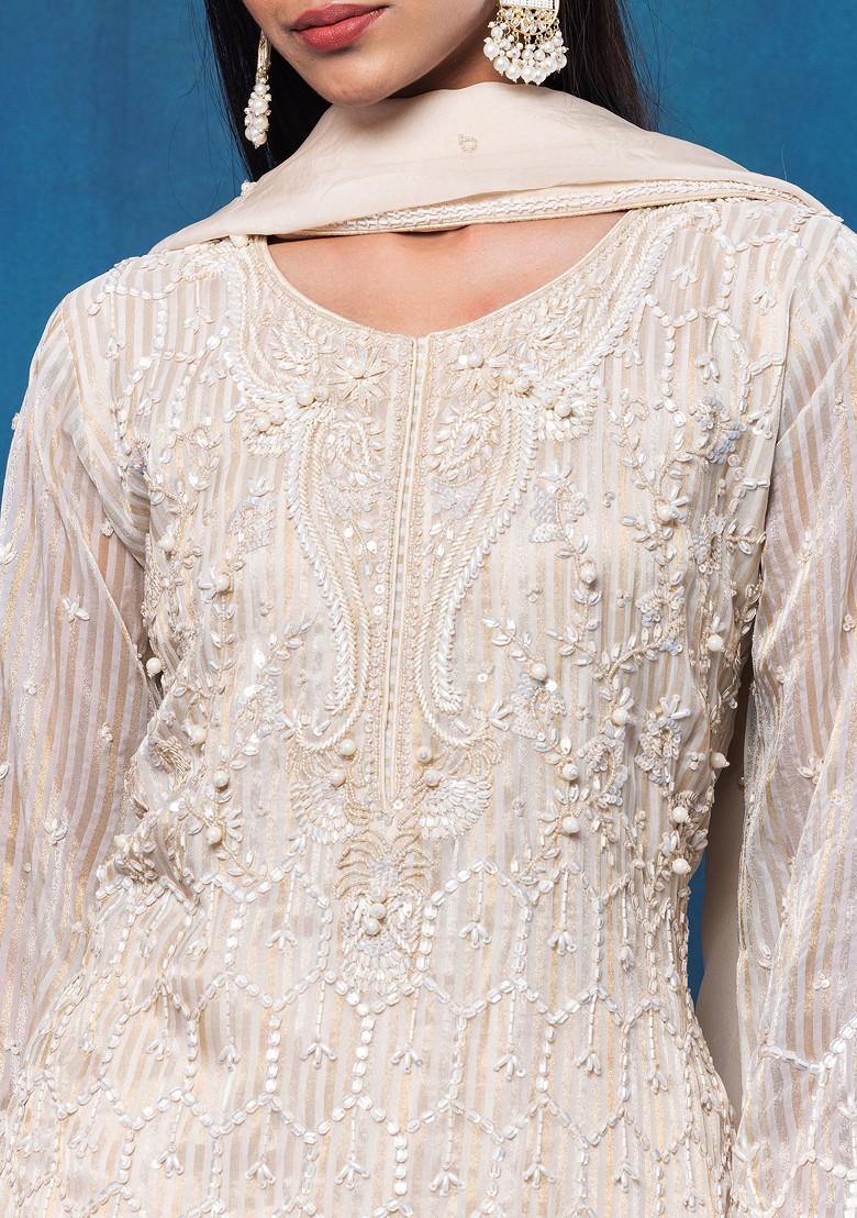 Beige Sequin Hand Embellished Kurta Set With Tulip Pants And Dupatta - Indya