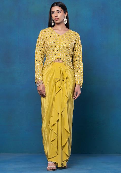 Yellow Pleated Skirt Set With Mirror Embellished Blouse