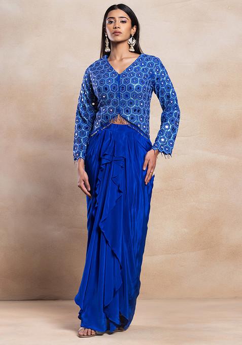Blue Pleated Skirt Set With Mirror Embellished Blouse