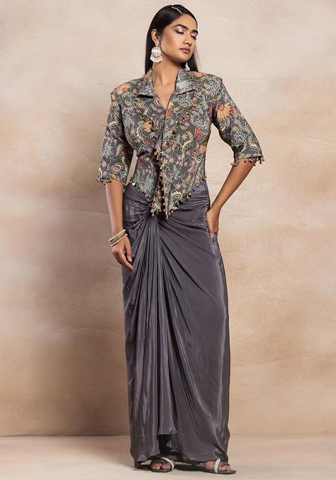 Grey Pleated Skirt Set With Floral Print Embellished Blouse